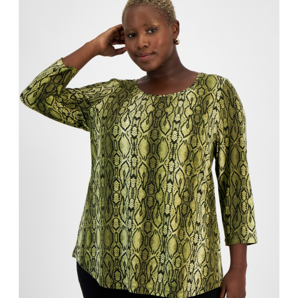 JM Collection Shirt Womens Petite Large Green Snake Print Stretch 3/4 Sleeve Top